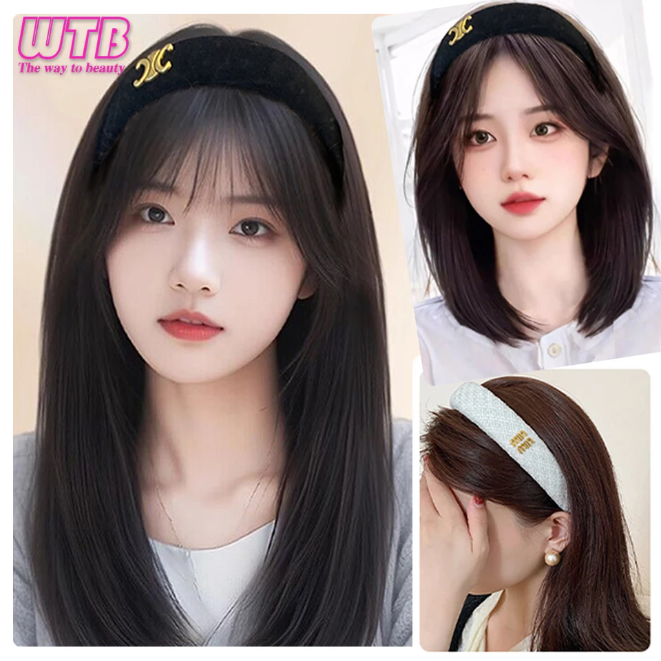 WTB Synthetic Headband Wig Natural Short Straight Hair Daily Party Cosplay Wigs For Women Black Brown Heat Resistant Fiber