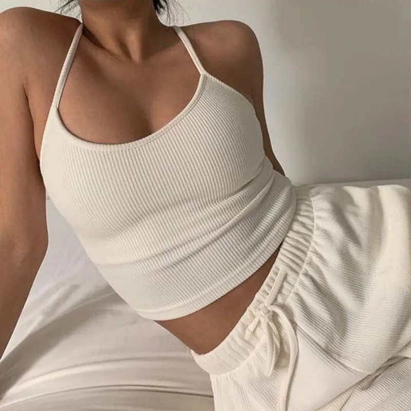 

Sexy Tank Top Off Shoulder Spaghetti Strap Rib Knitted Halter Crop Tops Women Sleeveless Cropped Vest Camisole Tube Top Female