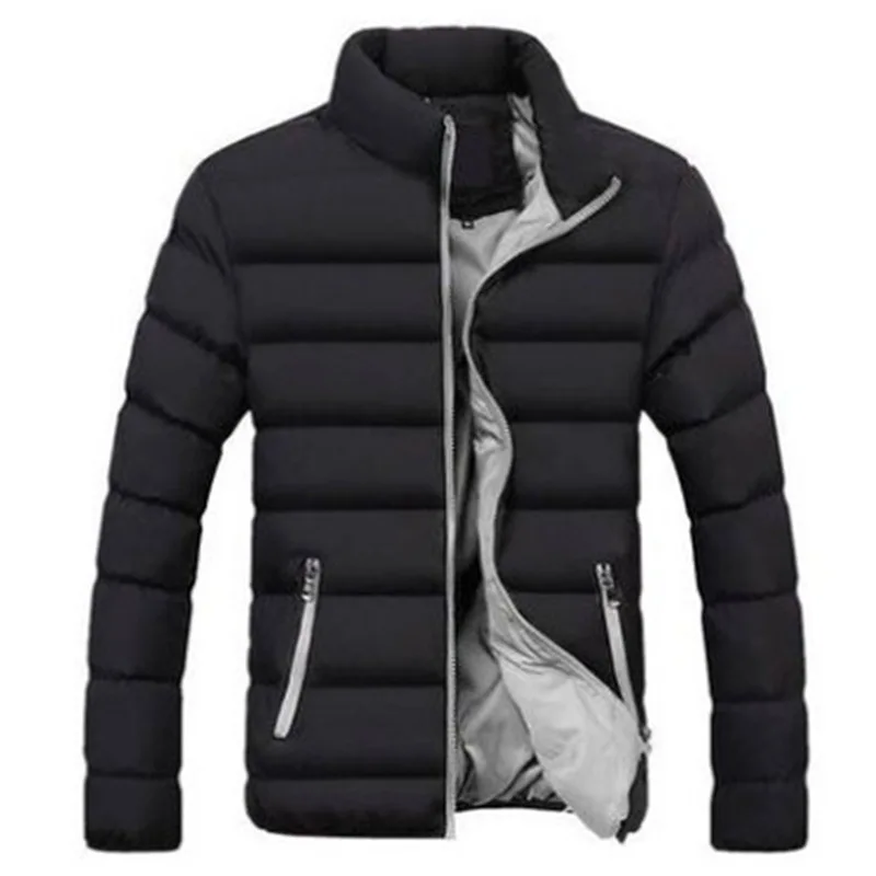 Winter Men's Padded Jacket - Thick Solid Color Stand Collar Zipper