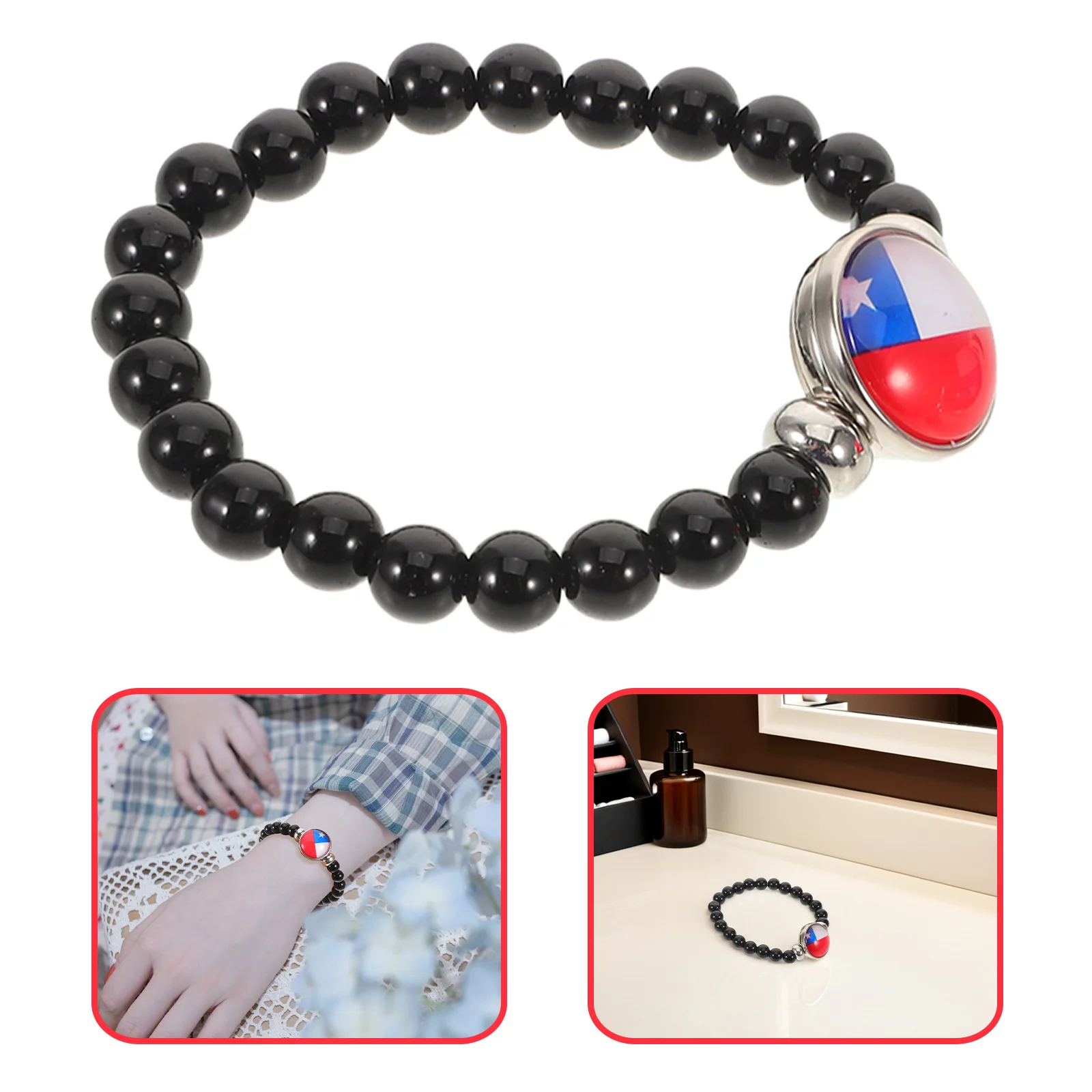 

5Pcs Chile Flag Bracelet Black Glass Beads Natural Stone Wristlet Chic Beaded Jewelry Patriotic Wrist Bracelet for National Day