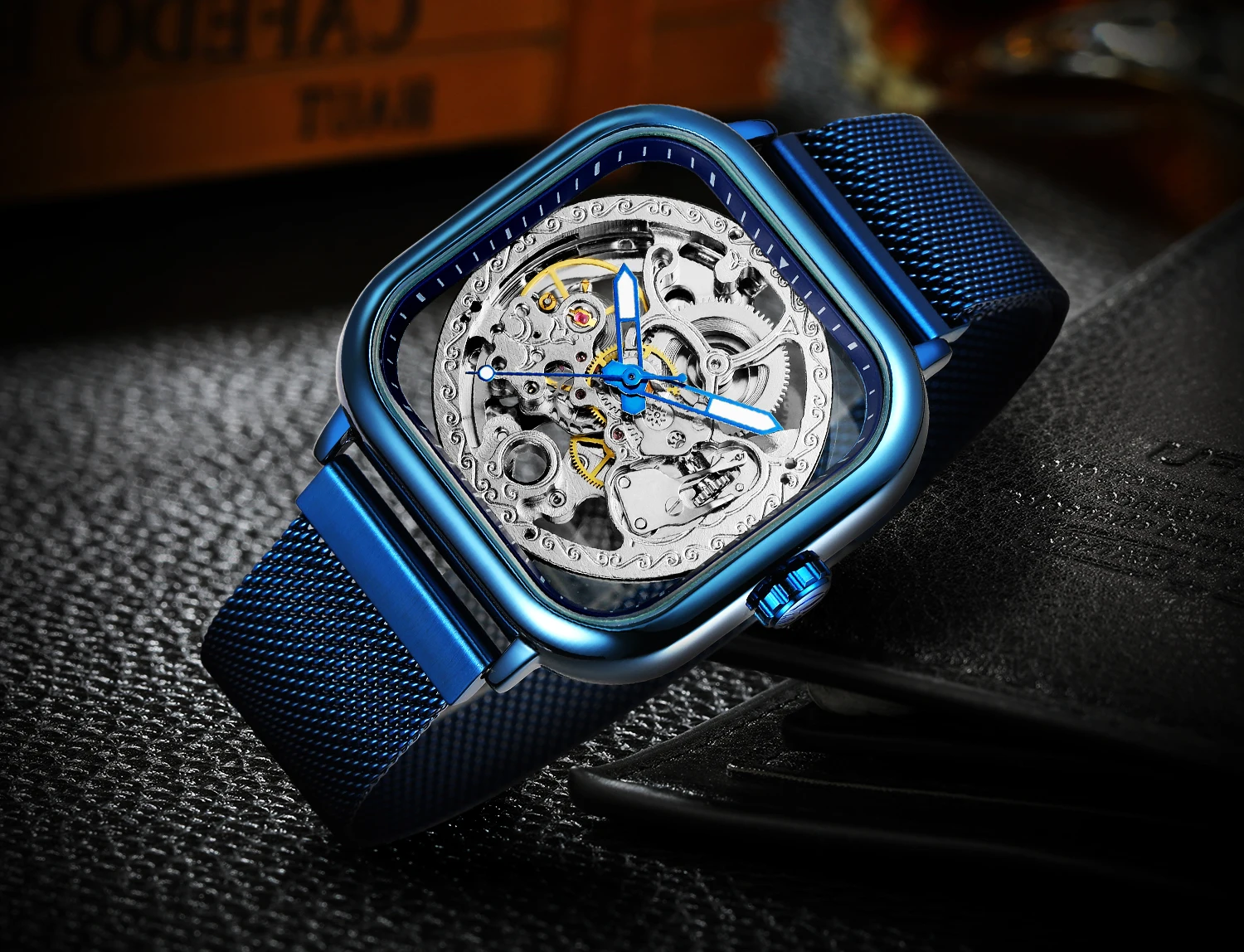 

FORSINING повседневные мужские автоматические механические часы со скелетом, светящиеся стрелки, полые гравированные синие сетчатые стальные ремешки, мужские часы