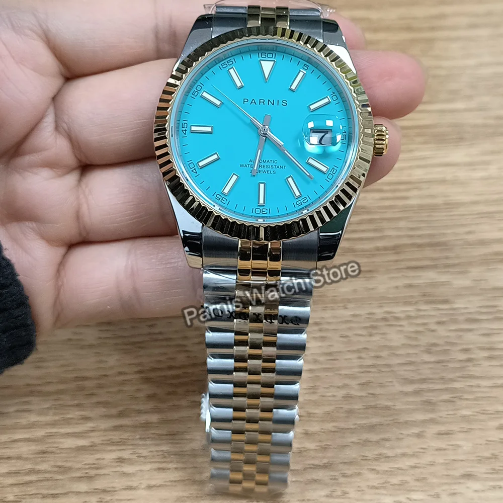 Parnis 39.5mm Gold Color Bezel Japan Miyota8215 Automatic Movement Blue Dial Luminous Marker Men's Wristwatch