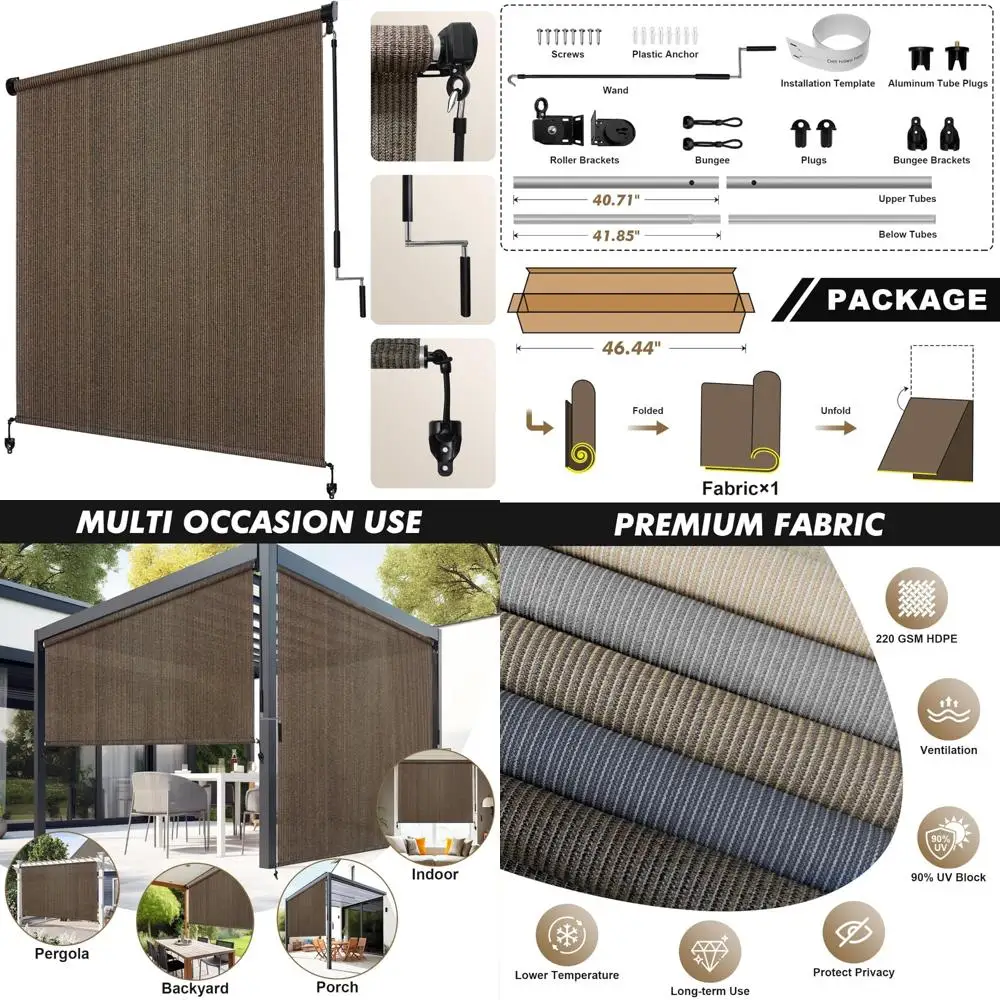 

Cordless Outdoor Mocha Roller Shade 7 Feet Wide x 6 Feet High, Patio Blinds with Split Pole Design for Privacy and Sun Control