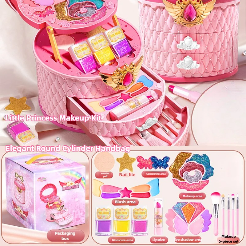 Juego de maquillaje para niñas, caja de juguetes cosmética de tres capas, juego para niños, brochas de maquillaje, lápiz labial, rubor, sombra de ojos, esmalte de uñas, juguete de belleza de princesa