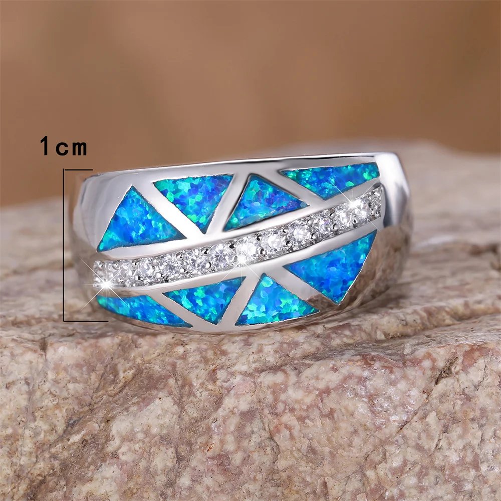 Geometric Stone Blue Opal White Small Zircon Rings For Women Vintage Silver Color Wedding Band Engagement Jewelry Couples Gifts