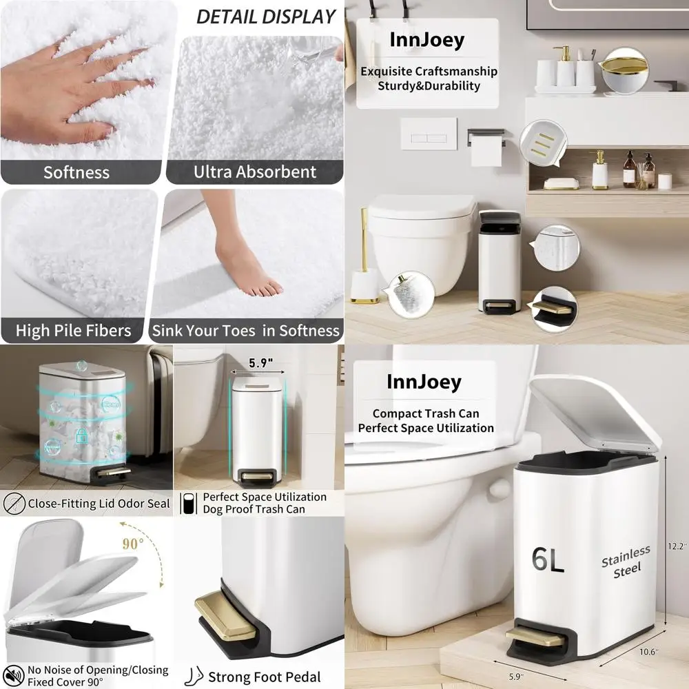 

Complete 23-Piece White Bathroom Accessory Set with Shower Curtain, Rugs, Stainless Steel Trash Bin, Toilet Brush and Soap Holde