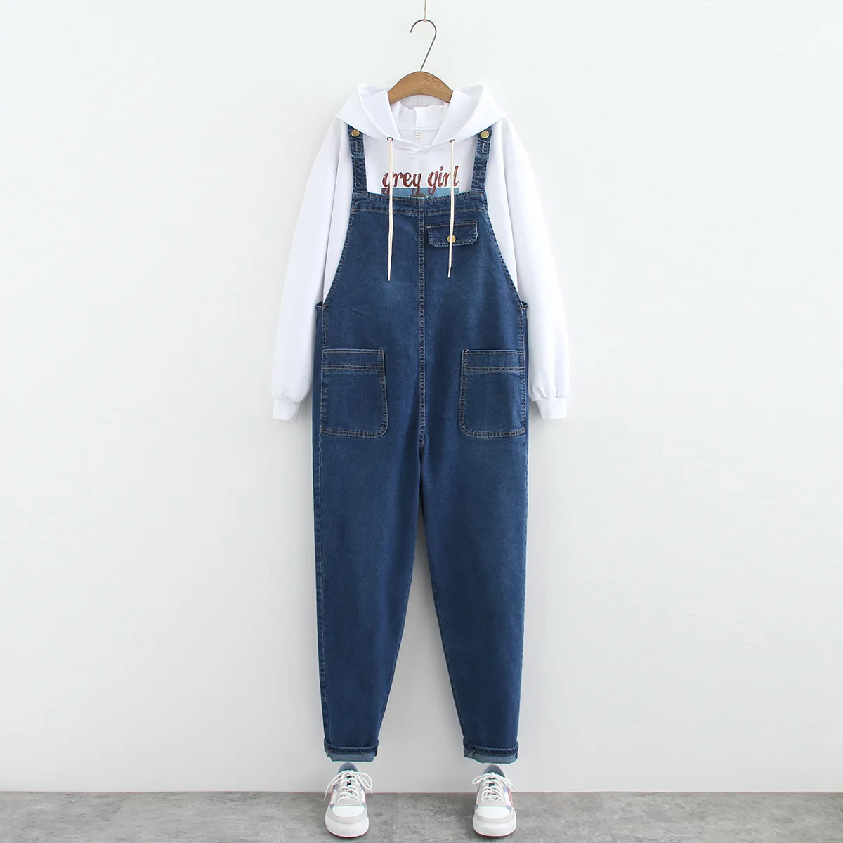 plus Size Denim Overalls Women's Spring Autumn Slimming Faion Loose Strap Workwear Jumpsuit Trendy High Waist Long Pants