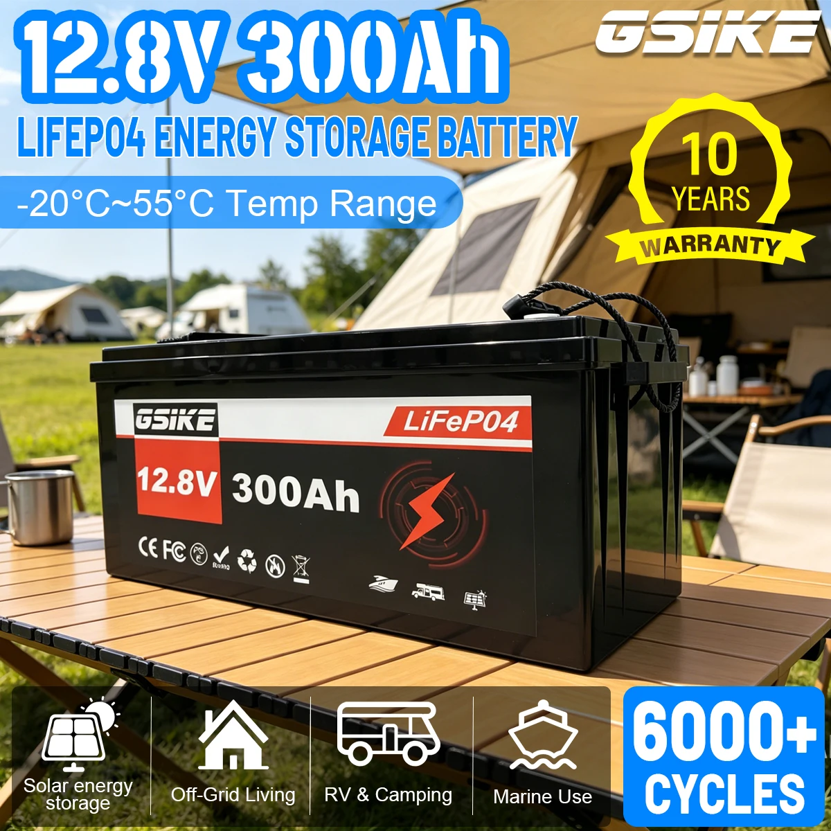 GSIKE 12.8V 300Ah LiFePO4 Lithium Battery 1536Wh Built-in Smart BMS Deep Cycle Solar Storage Battery for RV Camper Off-Grid Solar System Marine Boat Home Emergency Backup Power UPS