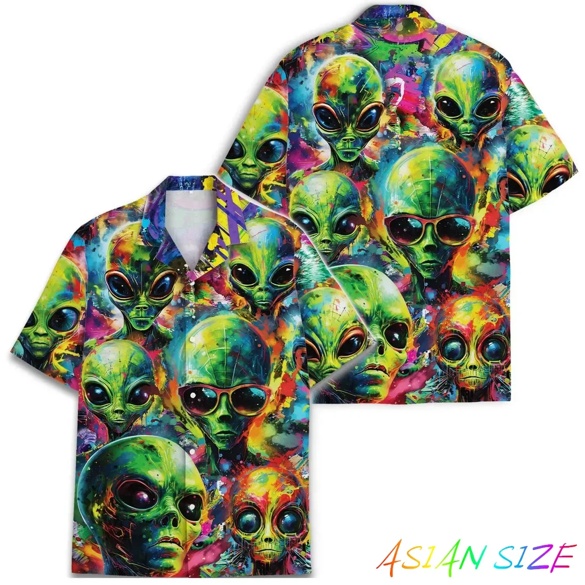 

Men Street Fashion Summer Daily Shirt Hawaiian Cartoon Alien Print Casual Loose Shirts Short Sleeve Beach Harajuku Loose Blouses