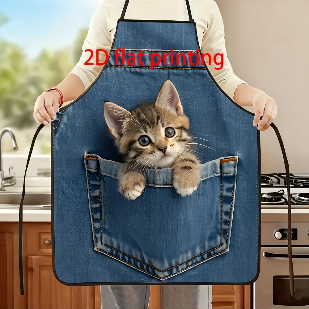1pc Kitten Print Apron for Baking, Painting, Cleaning & Cooking - Chef, Waiter, Cafe & BBQ Shop Apron
