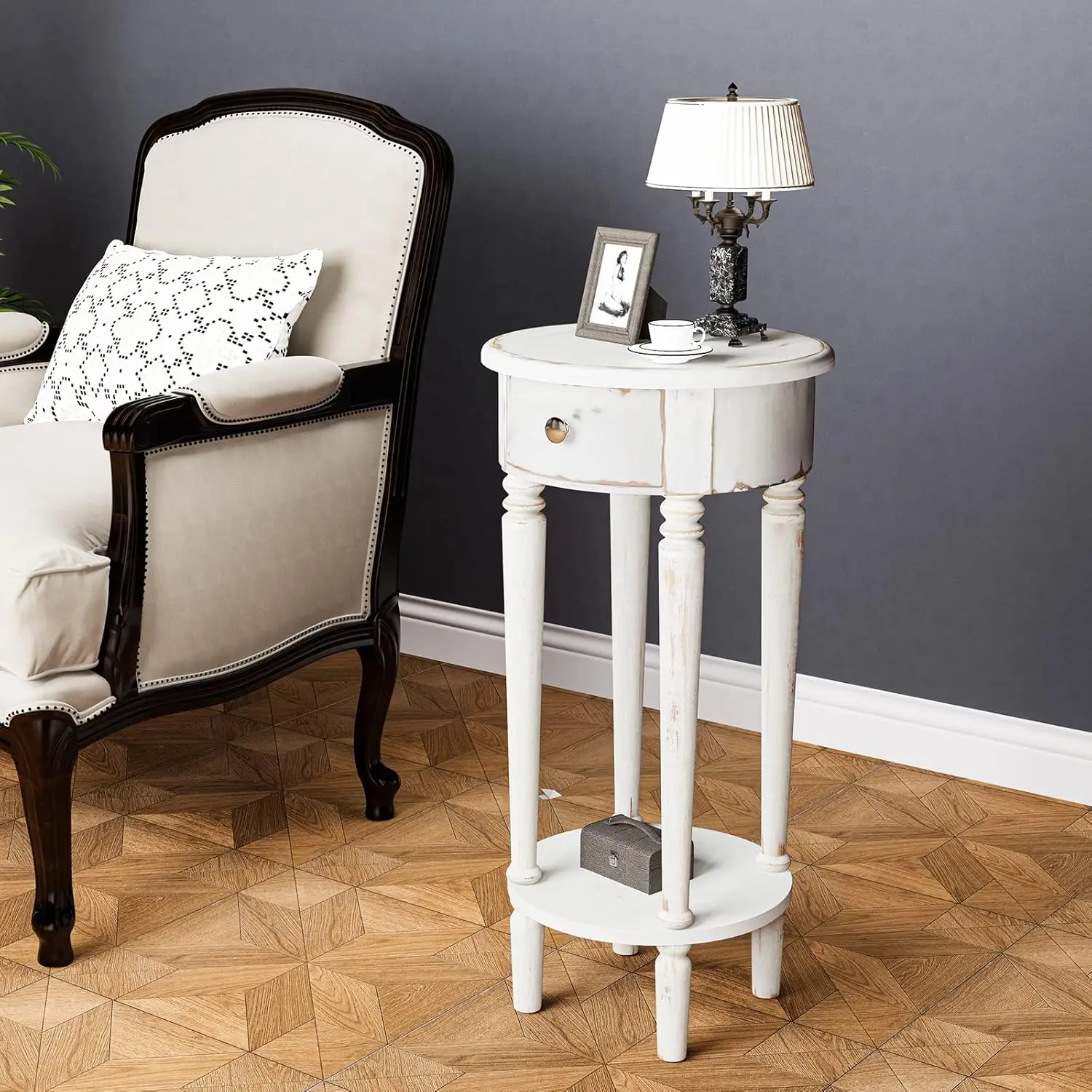 

Tall End Table with Drawer, 2-Tier Rustic Side Table w/ 4 Wood Leg, Nightstand w/ Hand-Painted Finish, Small Accent Table