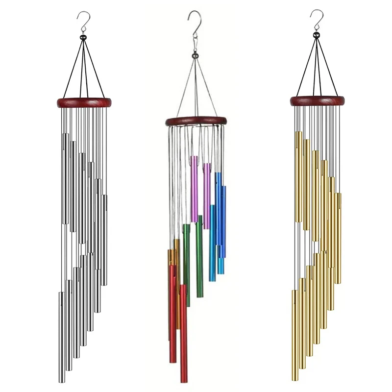 1piece 12 Tubes Aluminum Alloy Wind Chimes with Hook Gold/silver Bells for Outside Home Wedding Party Memorial Decoration Gifts