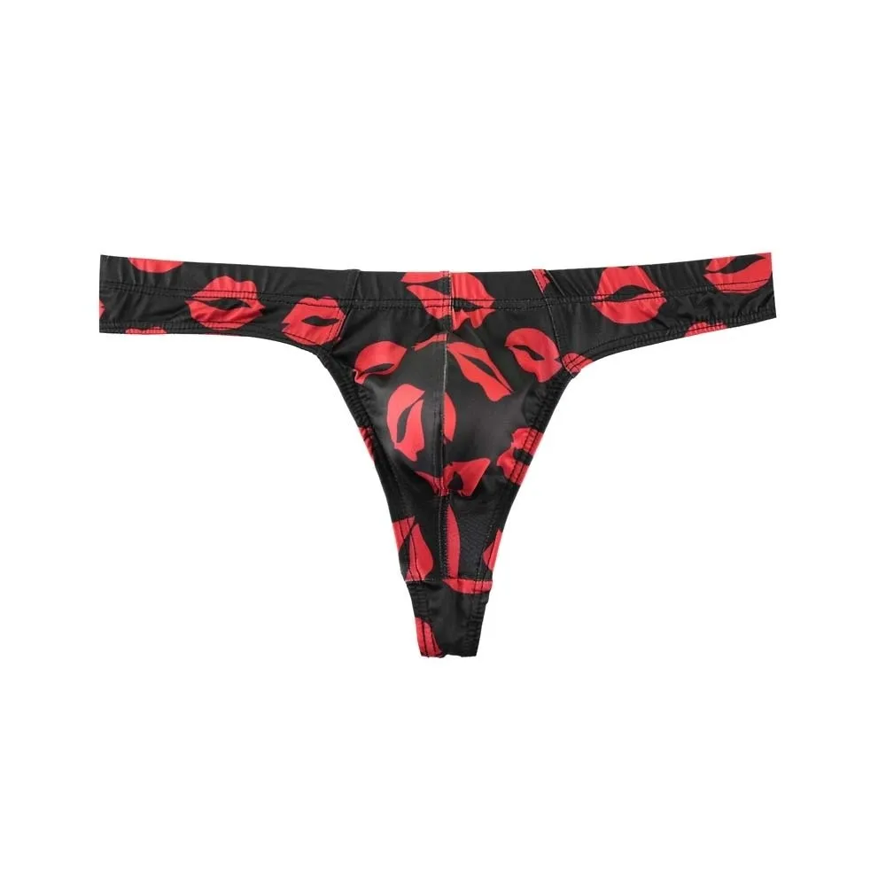 Breathable Ice Silk Men Lip Pattern Thongs Low Waisted Lingerie Male Briefs with Mouth Print T-back Underpants Men