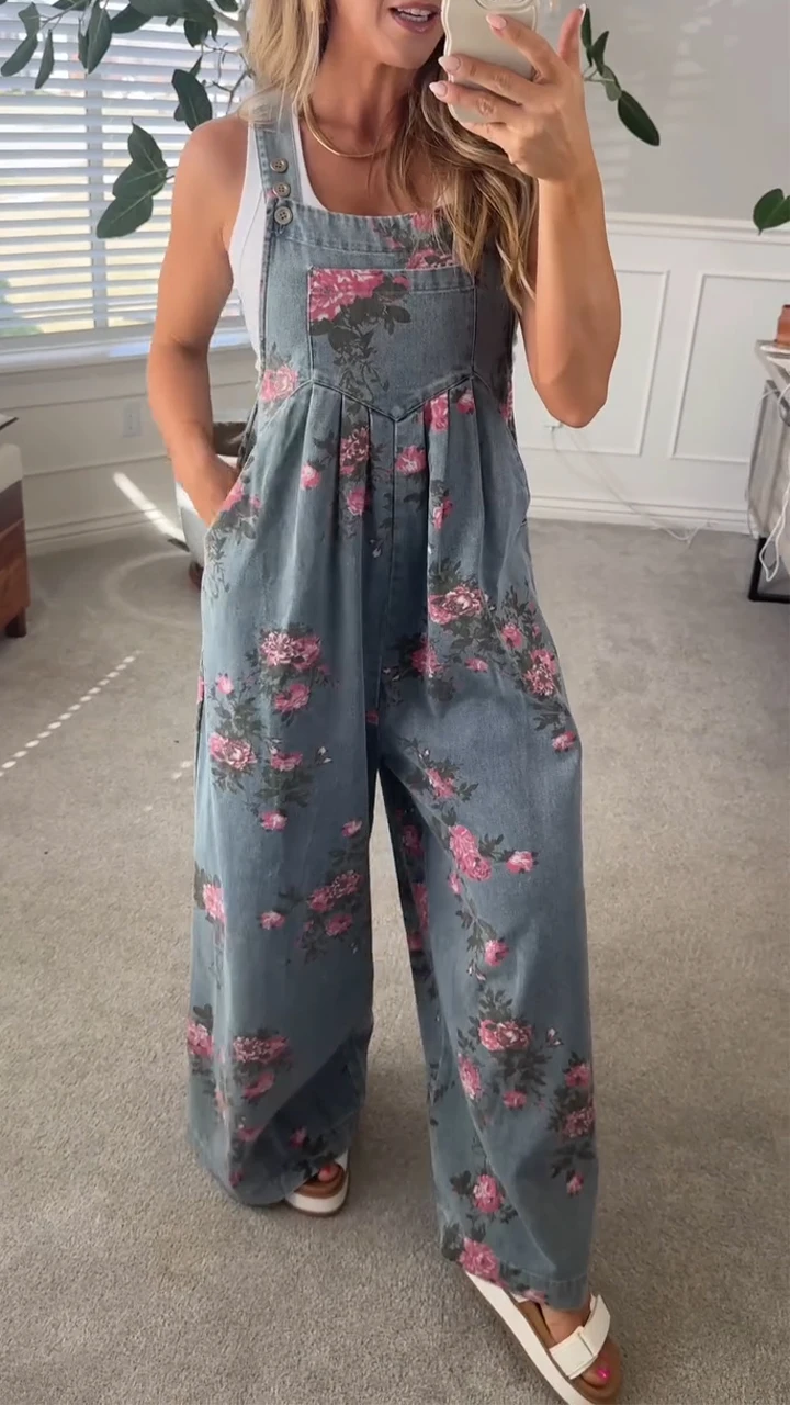 2025 ฤดูร้อนสไตล์ใหม่ลําลองผู้หญิง Overalls แฟชั่นดอกไม้พิมพ์สแควร์คอกระเป๋าหลวมสลิงกางเกง Holiday Party