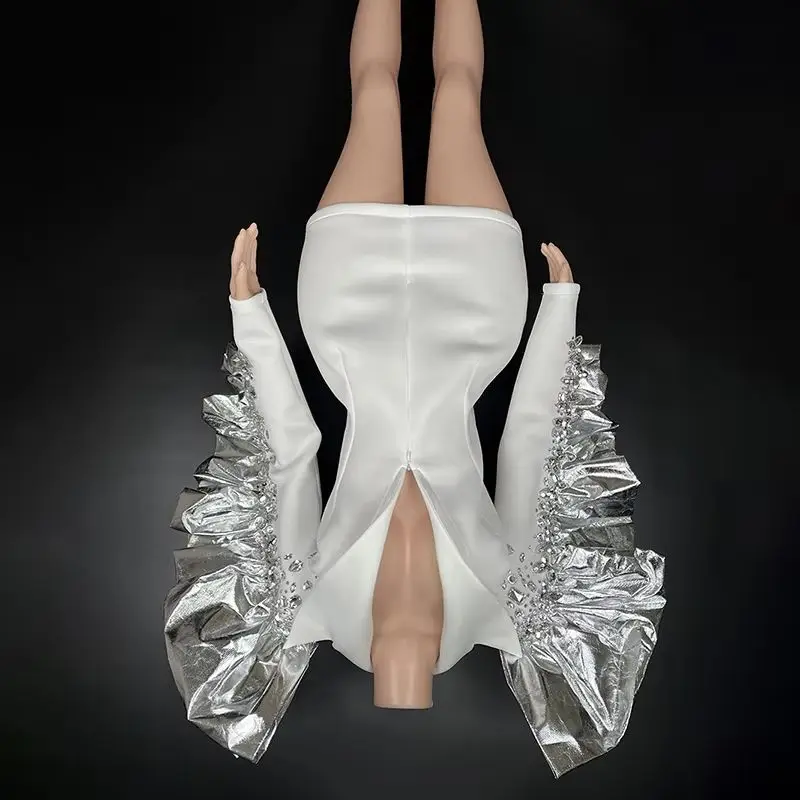 

Women event coat Rhinestones Prom Dress Exaggerated Shoulder Party Evening Outfit Stage Catwalk Gogo Costumes Gown
