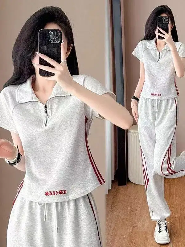 

Fashionable Sportswear Set for Women Summer New Style Slimming Short Sleeve Stand Collar Wide Leg Pants Two Piece Set