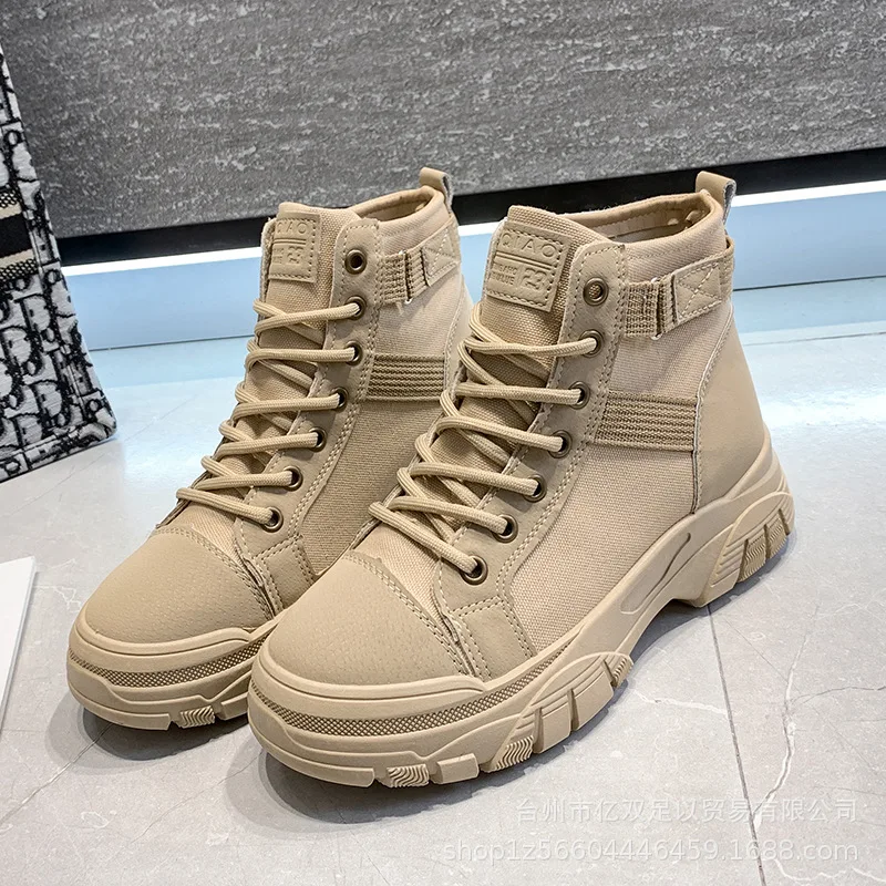 

Autumn Nice New Boots Women Wedges Thick-soled Canvas Women's Shoes High Top Lace Up Round Toe Ankle Boot Botas De Mujer