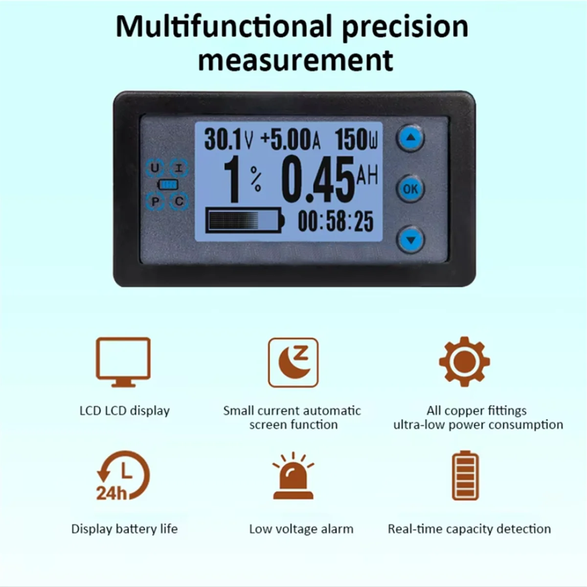 

AA98 DC 8-120 В цифровой счетчик энергии Многофункциональный кулонометр Амперметр Вольтметр Ваттметр Тестер батареи с шунтом 200A