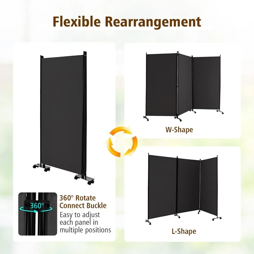 Divisor de habitación plegable de 3 paneles, pantalla de privacidad rodante de 6 pies con ruedas bloqueables, pantalla de partición portátil para habitación