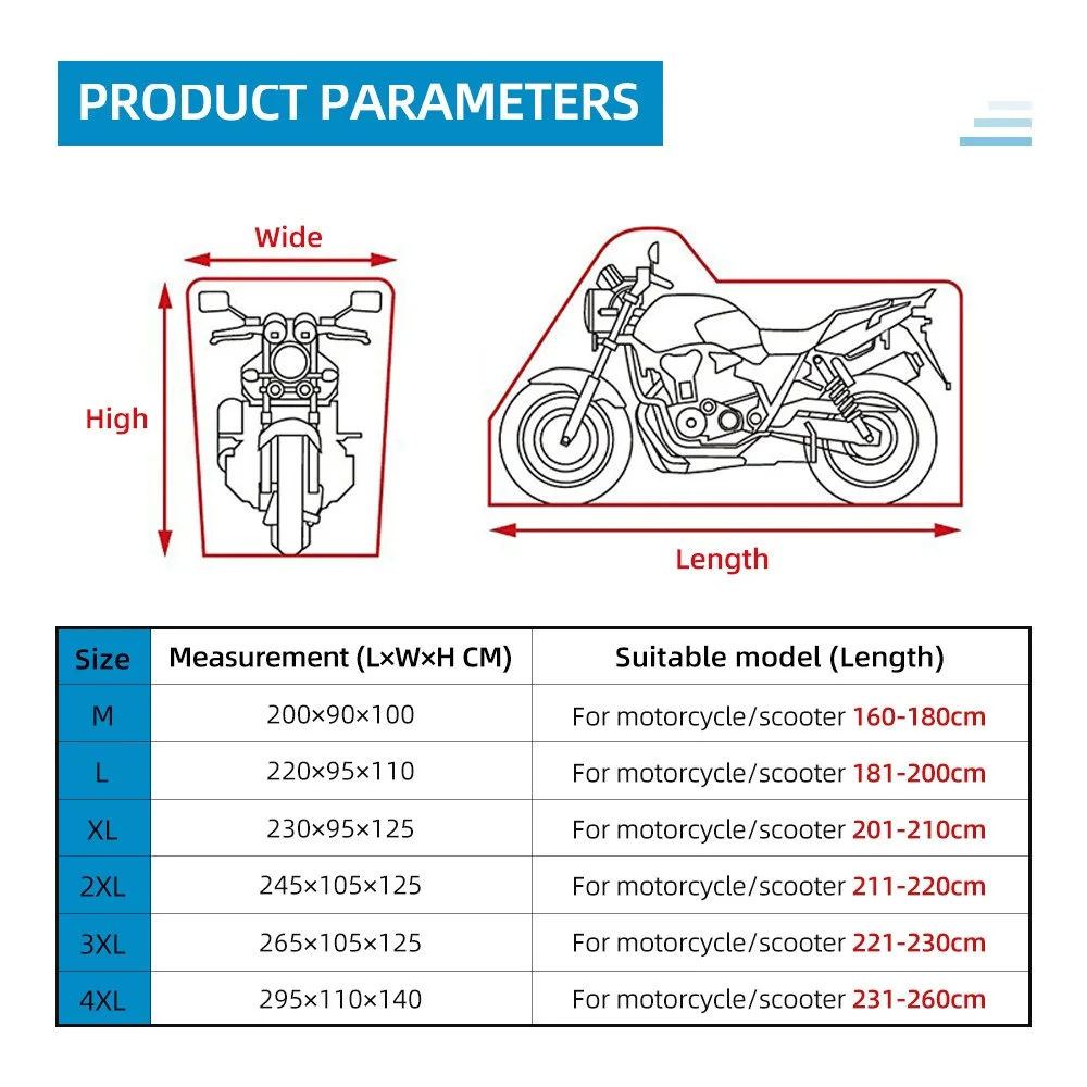 Cubierta Universal para motocicleta, Protector UV para exteriores, impermeable, a prueba de polvo, para todas las estaciones, M, L, XL, 2XL, 3XL, 4XL