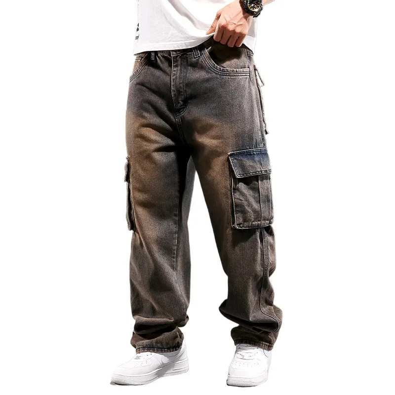 Men's Loose Fit Cargo Jeans Pants With Multi Pockets Vintage Baggy Denim Trousers Oversized Workwear Bottoms Washed