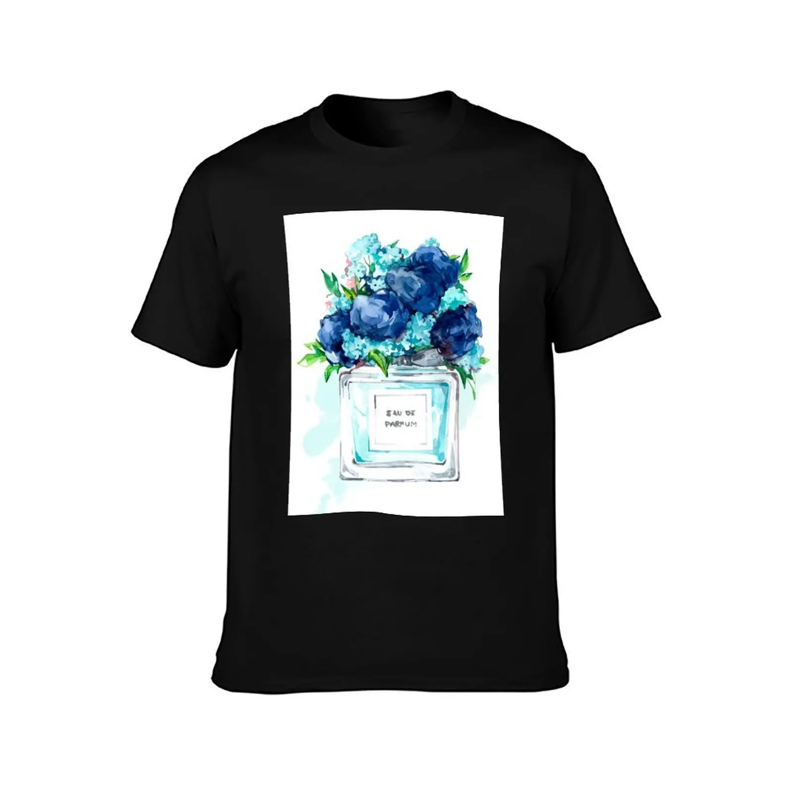 Perfume Bottle Watercolor Painting Hand Painted With Blue Flowers T-Shirt, Summer Casual Cotton Tee, Oversized Streetwear Tops