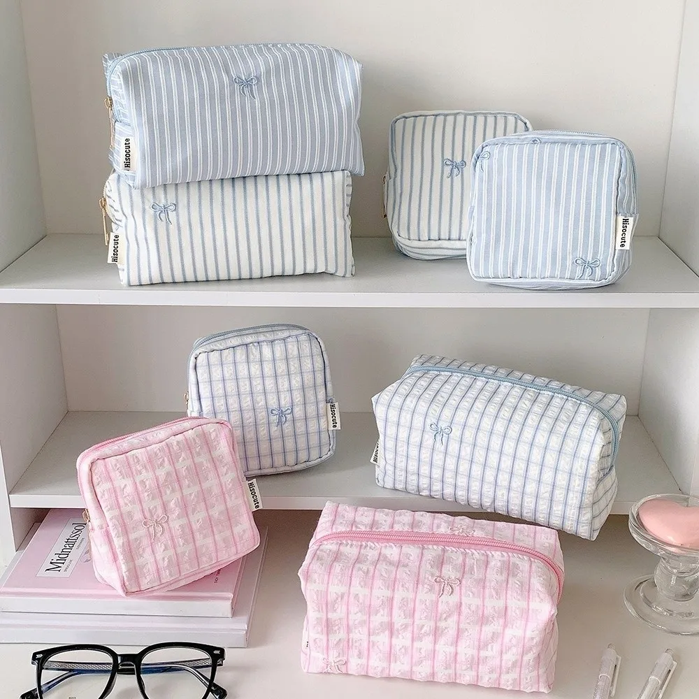 Large Capacity Bow Cosmetic Bag Korean Style Cloth Space Saving Toiletry Pouch Bow Striped Grid Pattern Pen Bag Women's Washbag