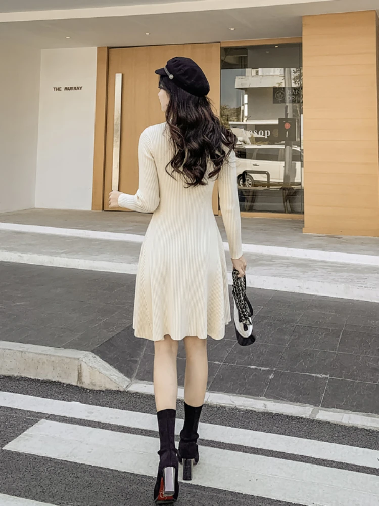 New Autumn Winter Sweater Dress Women Slim A-line Elegant Dresses Ladies Vintage Solid Knitted Dress Long Robe Vestidos