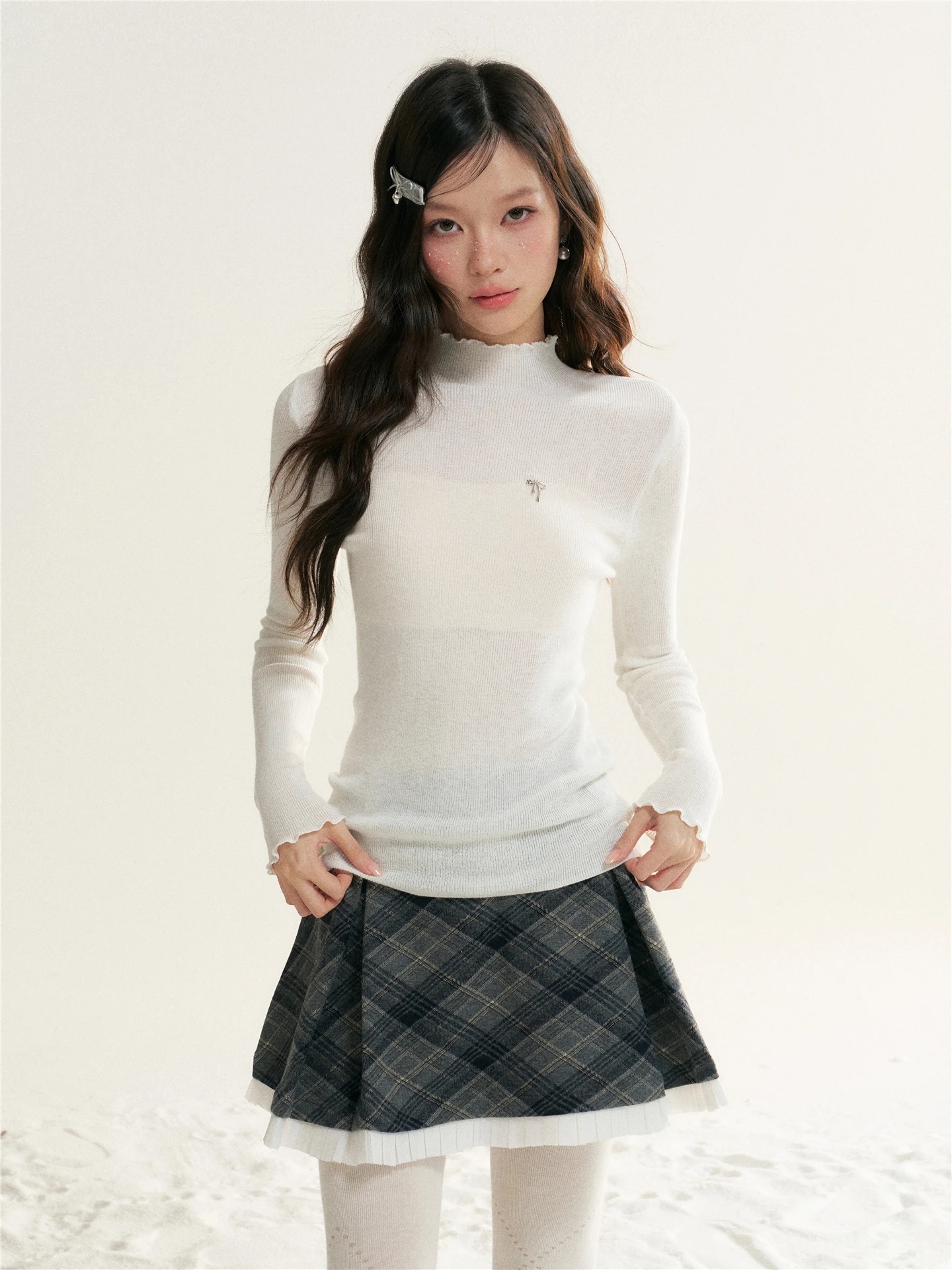 

6DEWS Women's Slim Fit Knitted Base irt f High Collar Casual Sle Wood Detail Inner Wear Long Sve Top