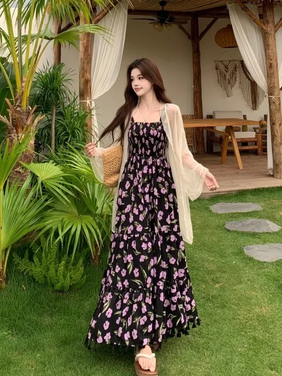 

plus Size Floral Print Summer Dress Women's Thin Sun Protection Strapless Gown Korean Style High Waist Long Skirt Casual Commute
