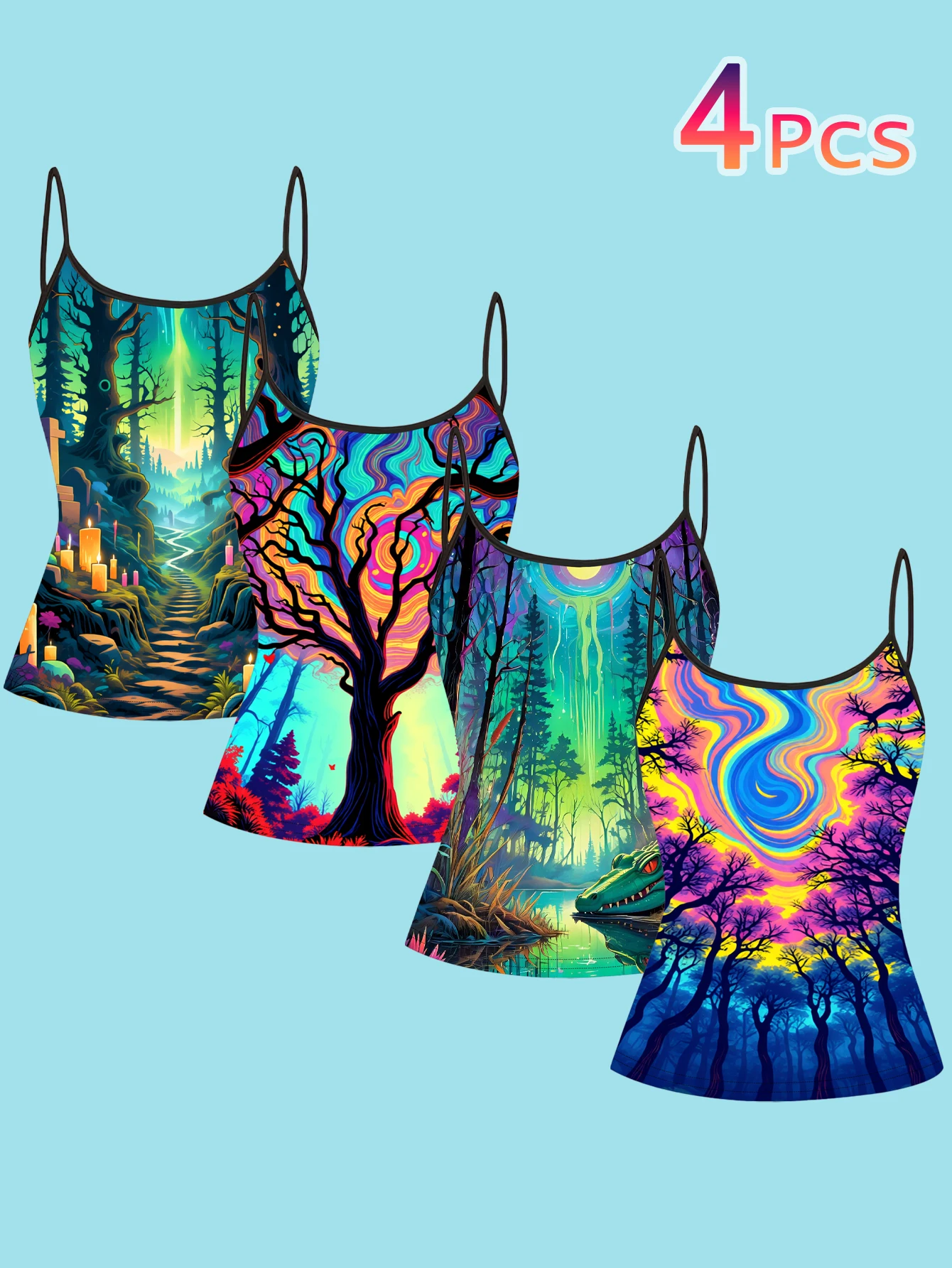 4-Pack Women's Psychedelic Forest Print Camisole Tops, Neon Colorful Fantasy Forest Landscape Slim-Fit Spaghetti Strap Inner Tops