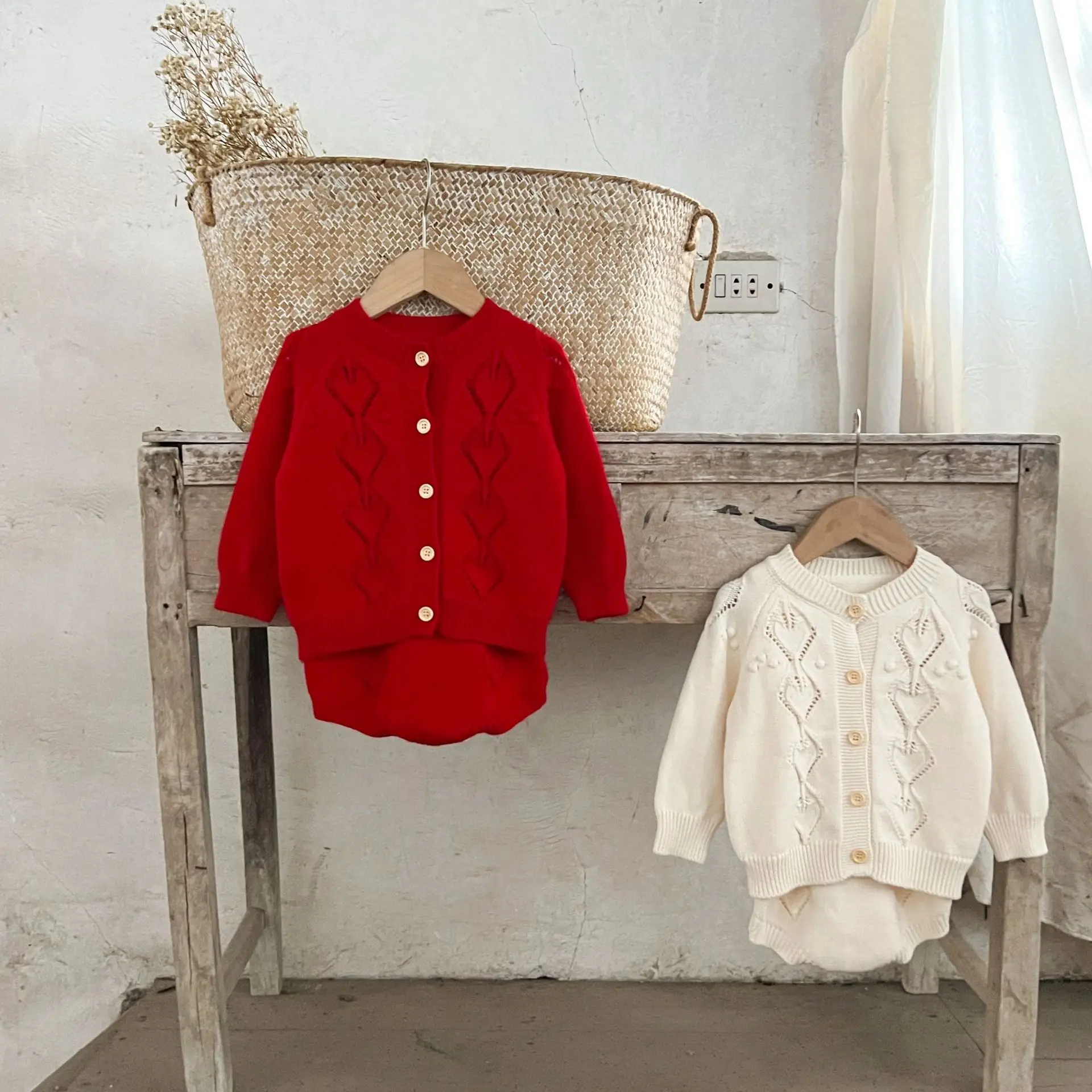 2026 New Spring Autumn Baby Knitted Cardigan + Bodysuit 2Pcs Set | Hollow-Out Sweater Set | Cute Newborn Outfit
