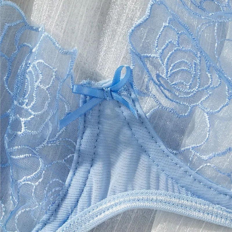 Breathable Lingerie Set Sheer Lace Bra Thong Floral Embroidery Mesh Transparent Bralette Kits for Women