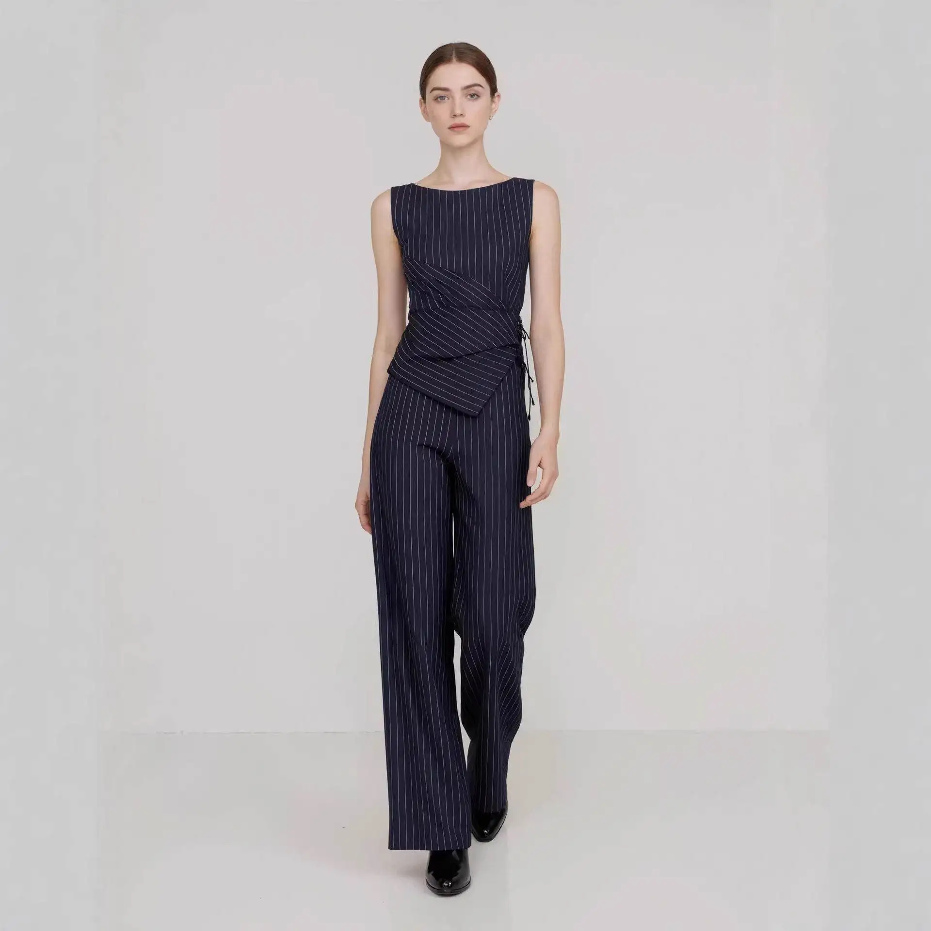 Asymmetric Stripe Fashionable Sleeveless Straight Leg Pants Set Women's Professional Outfit Polyester Long Trousers Ensemble