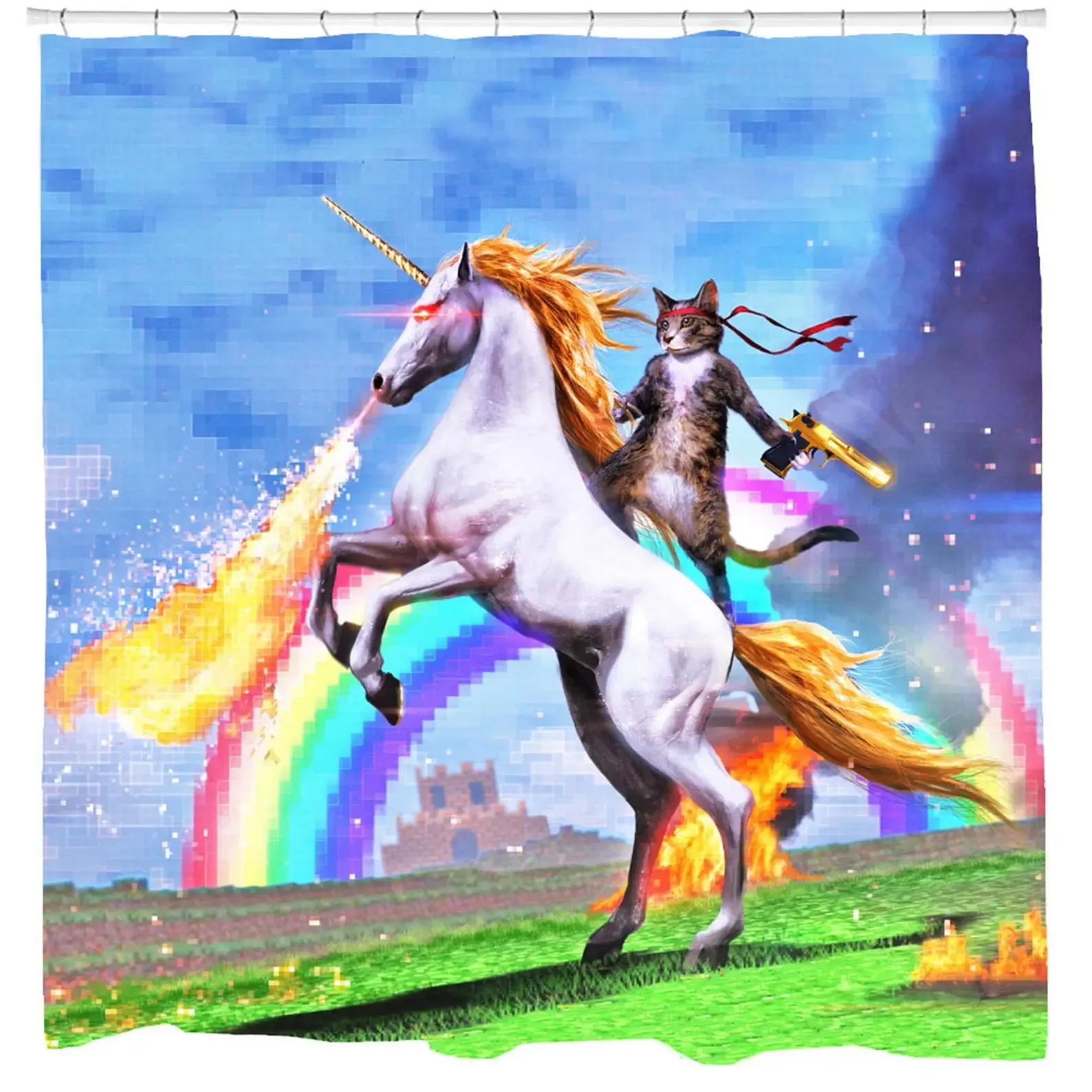 Cool Cat Shower Curtain Set Man Cave Bathroom Decor Awesome Hero Unicorn Shooting Fire Blue Polyester Fabric 12 Hooks Included