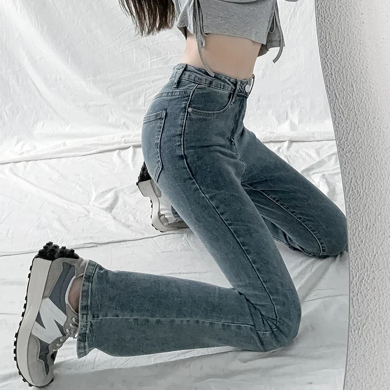 청바지 여성 솔리드 블루 섹시 Slimhigh 허리 진 간단한 숙녀 전체 길이 엄마 카우보이 데님 플레어 바지 Mujer 2022 봄 새로운