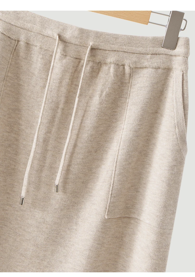 ML62132 Damen Strick-Midirock mit hoher Taille, Kordelzug, aufgesetzter Tasche, weicher Modal-Mix, A-Linie, lässiger Herbst-Winter-Rock – Detail 14