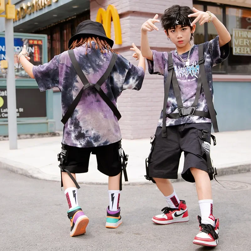 Summer Cargo Shorts for Girls Boys Dance Costume Clothes Kids Hip Hop Clothing Tie Dye Harajuku Shirt Strap T Shirt or