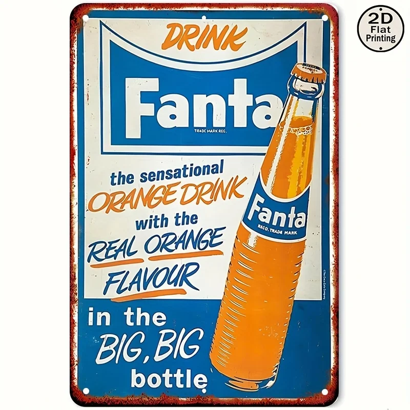(Pintura en estaño 2D) Decoración de pared metálica vintage con la frase "Drink Fanta" de refresco de naranja - Letrero artístico retro de bebidas para cocina, bar, restaurante