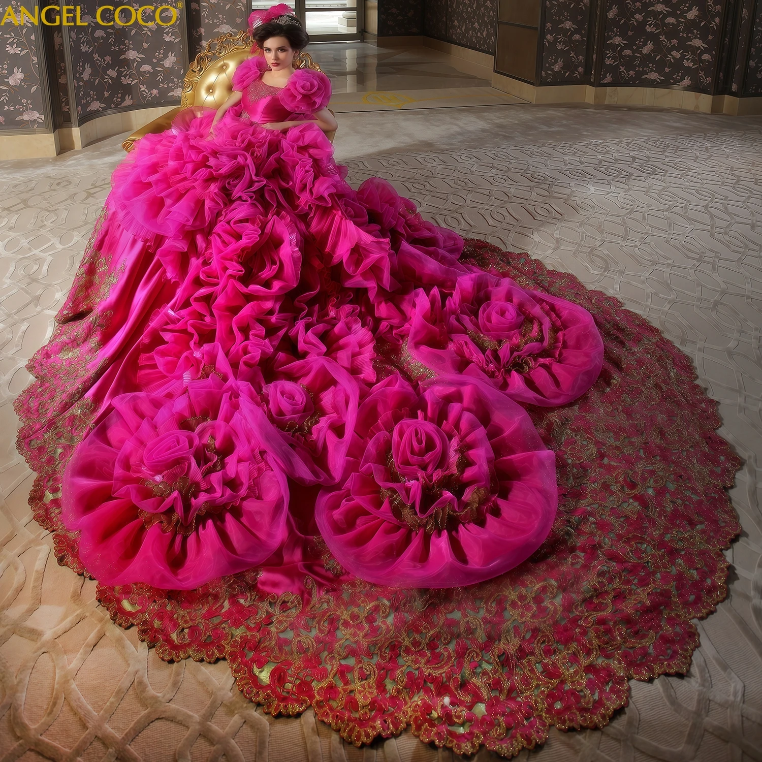 فستان زفاف فاخر المحكمة الملكية مذهلة ثلاثية الأبعاد الزهور التطريز كاتدرائية زي العرائس الكشكشة خمر الملكة فيستدو دي نوفيا