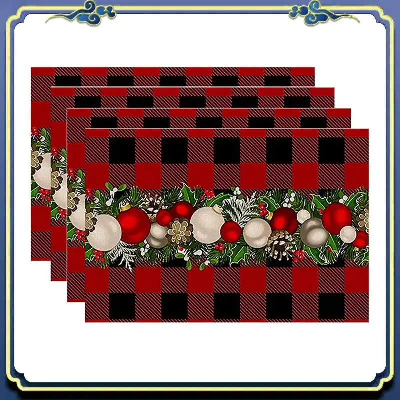 A56P-8PCS Xmas Trees Snow Pink Christmas Placemats Winter Table Mats For Kitchen Dining Decoration E