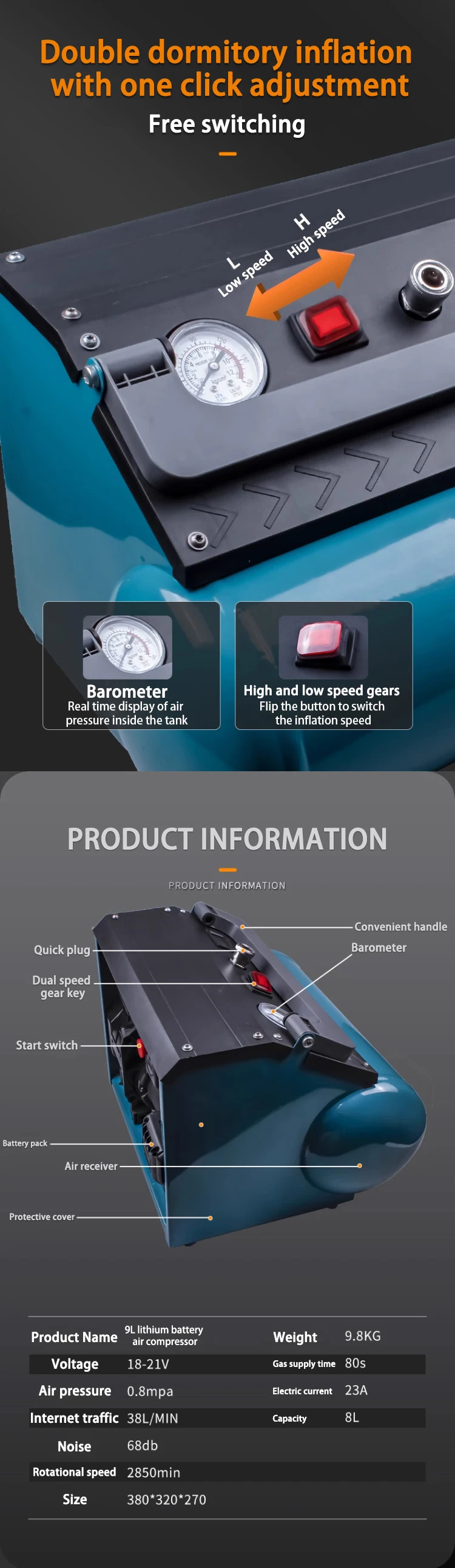 エアコンプレッサー 9L 7.5 バー静音純銅ブラシレスコードレス純銅ブラシレスオイルフリー小型電動エアコンプレッサー