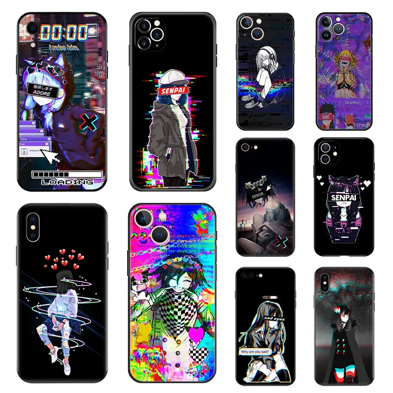 Matte Phone Case For iphone 15 Pro 14 13 12 Mini 11 8 7 6 6s Plus SE X XS Max XR Anime Vaporwave Glitch Art Soft Black Cover