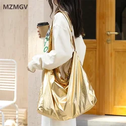 Solid Color Soft Tin Foil Shoulder Bag for Women Korean Style College Student Large Capacity Messenger Bag Casual Crossbody Bag