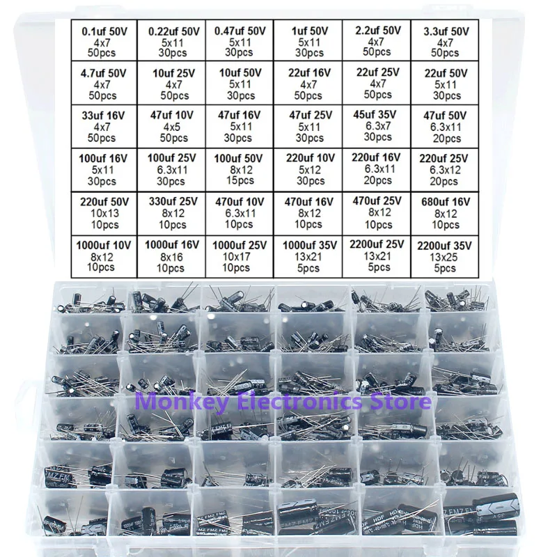 960pcs Aluminum Electrolytic Capacitor Set Box DIP 25V/35V 0.1uf-2200uf 36Value More than one set of resistance value is enough