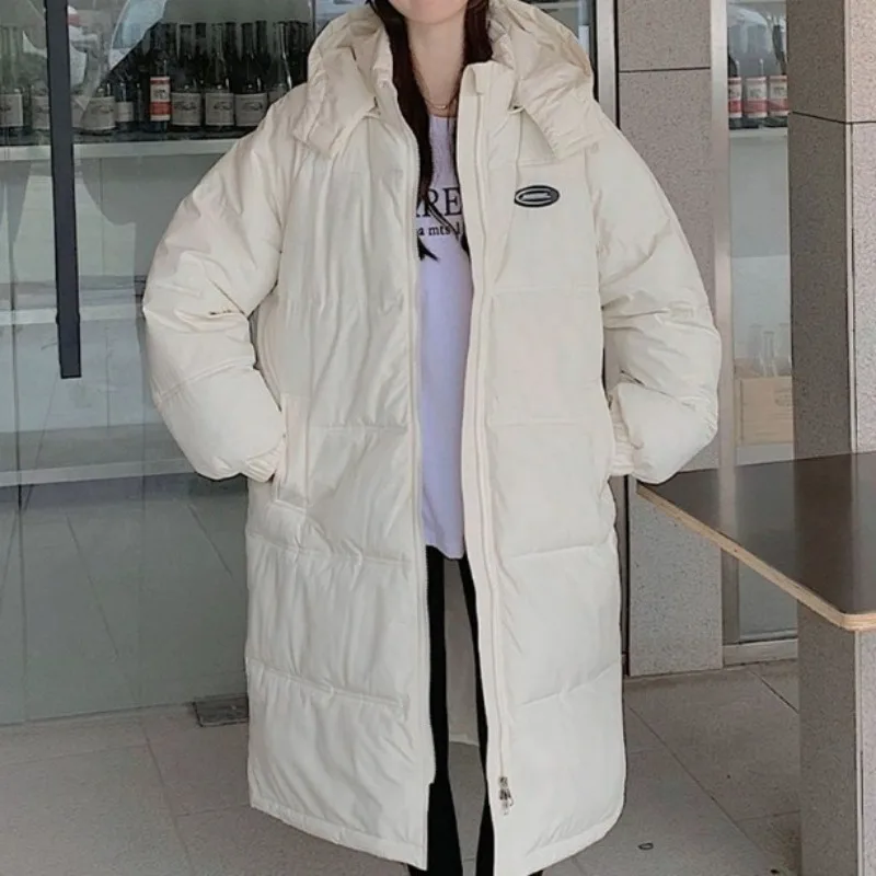 2023 New Women Down Cotton Coat Winter Jacket Female Long Over The Knee Parkas Loose Thick Outwear Solid Color Hooded Overcoat