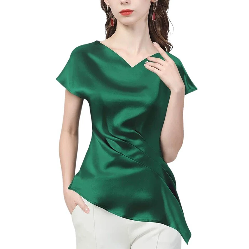 

2024 New Chic Women Satin Shirts short Sleeve Solid asymmetrical Elegant Office Ladies Workwear Blouses Female ice silk tops