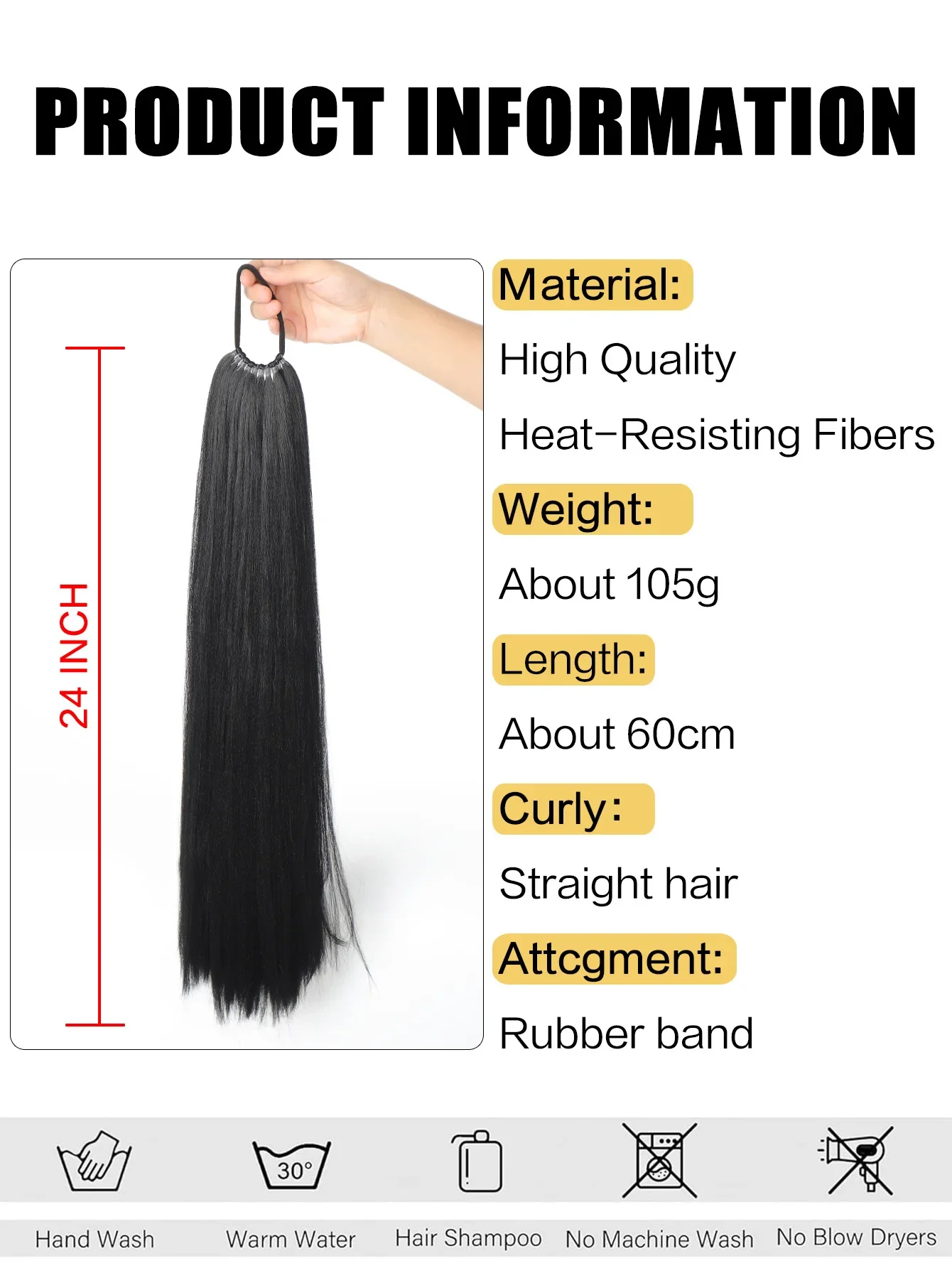 Synthetic Rubber Band Ponytail long straight Woman Black Slightly Ponytail Extension Long Heat-resistant Wig