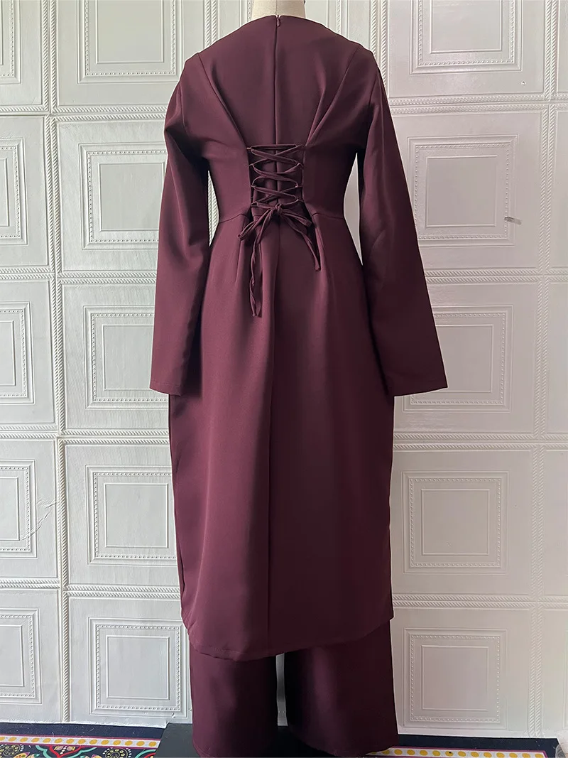 Ramadan Eid Mubarak Muslim Set Kaftan Abaya Dubai Turkey 2 Piece Sets Dress Pant Set Islam Clothing for Women Musulman Ensembles