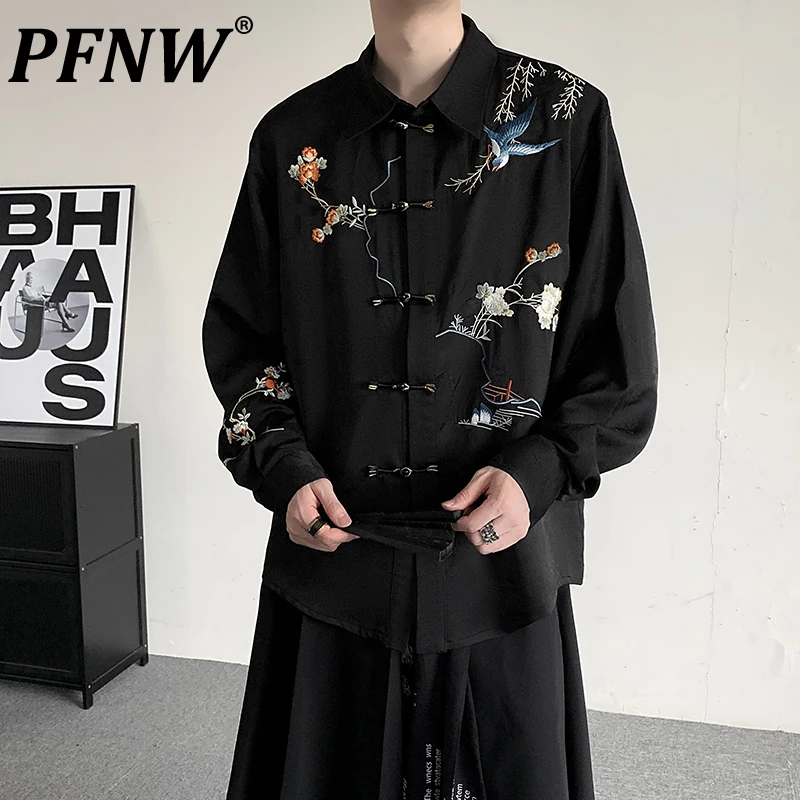 PFNW Menswear Flower And Bird Embroidered Chinese Knot Button Shirt Loose Fit Heise Long Sleeve Top Causal Lapel Clothes 12C1528